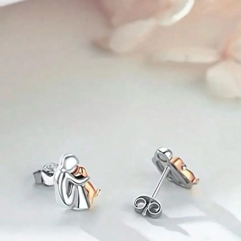 “Puppy Love” Man’s Best Friend Dog & Human Hugging Two Tone Gold 925 Silver Stud